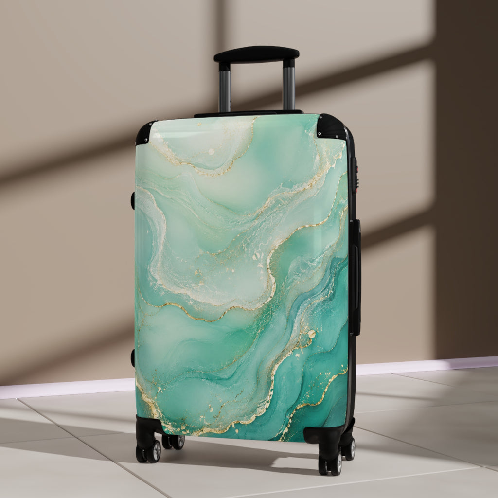 Teal Marble Carry-On Suitcase — Elegant Travel Luggage with Gold Vein Design