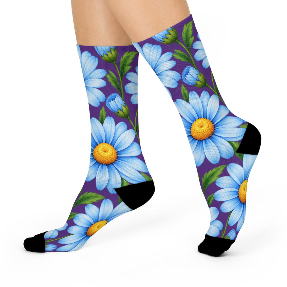 Daisy Bloom Cushioned Crew Socks — Blue Floral Knee-High Comfort