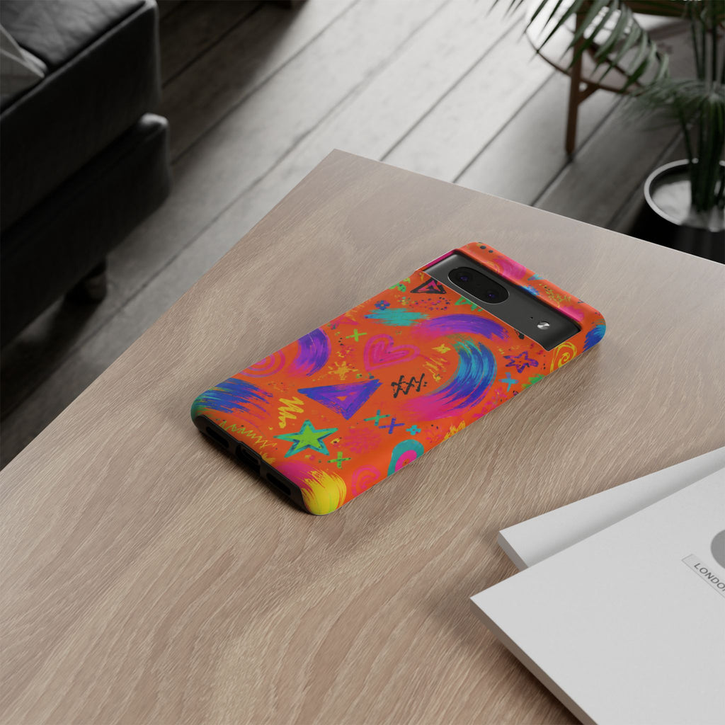 Colorful Neon Doodle Phone Case — Bright Abstract Stars & Hearts Tough Case