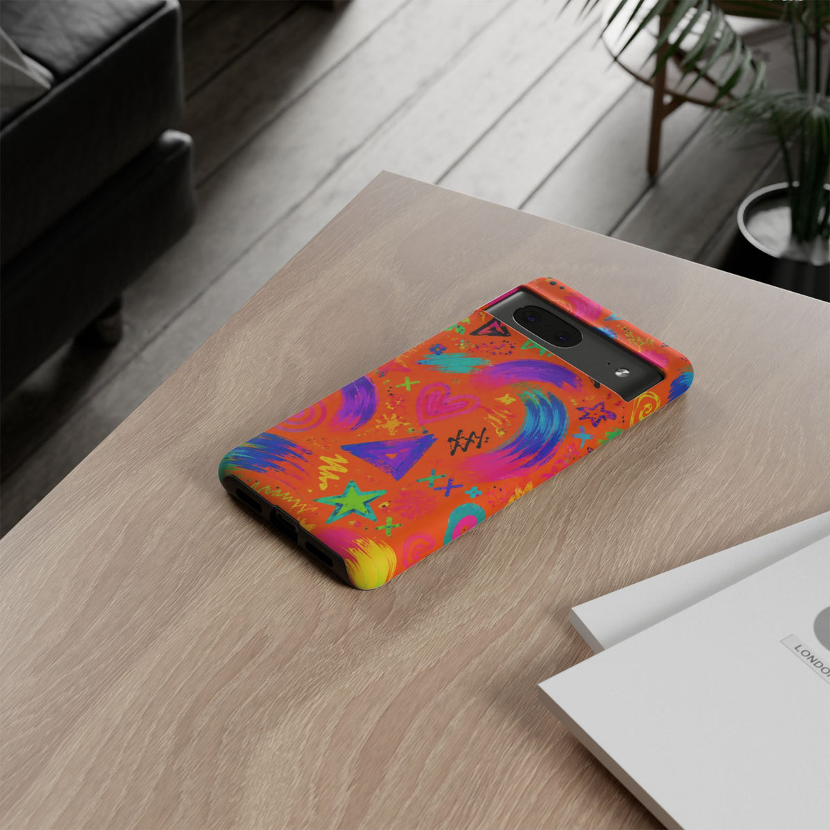 Colorful Neon Doodle Phone Case — Bright Abstract Stars & Hearts Tough Case
