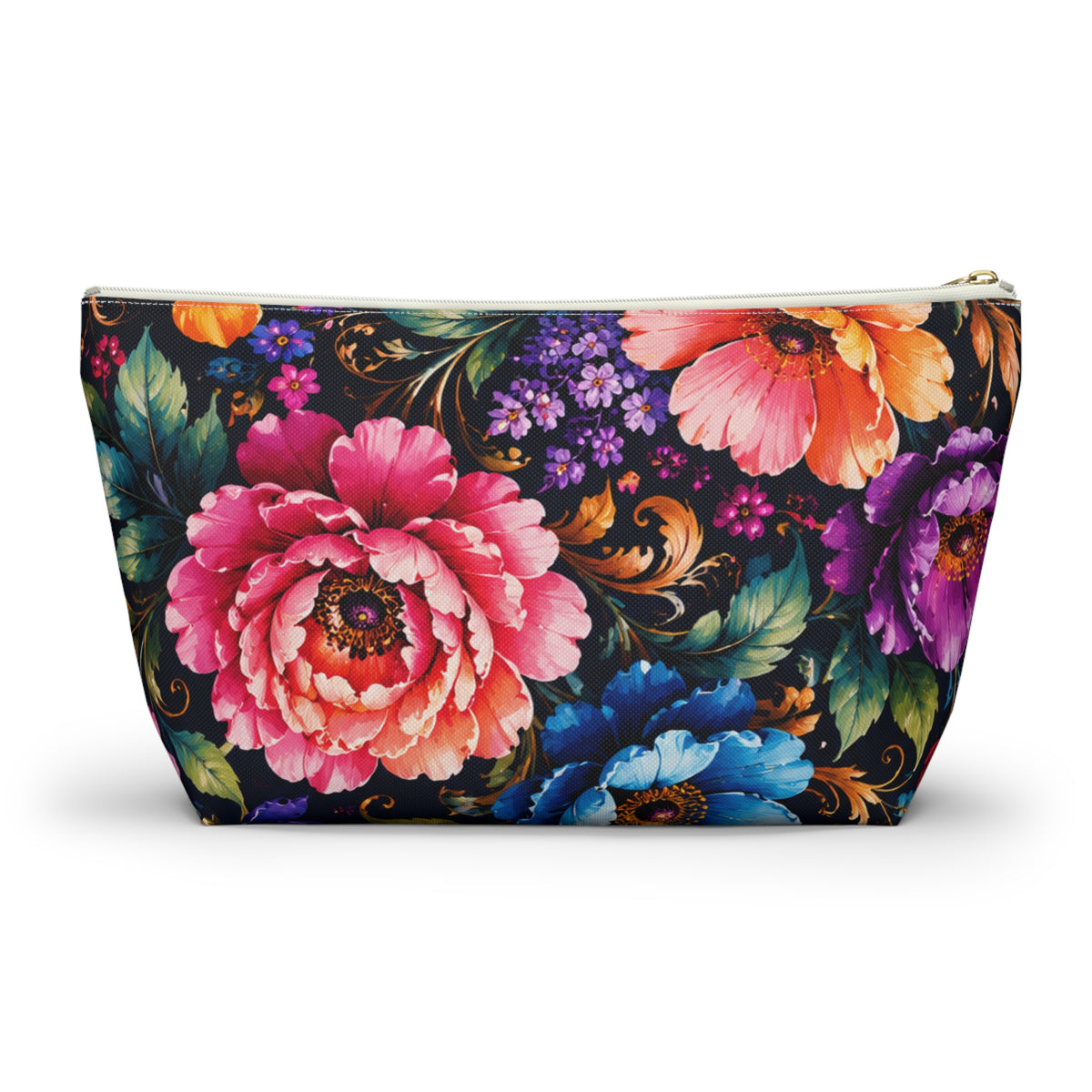 Floral Accessory Pouch — Vibrant Garden Makeup Bag with T-Bottom