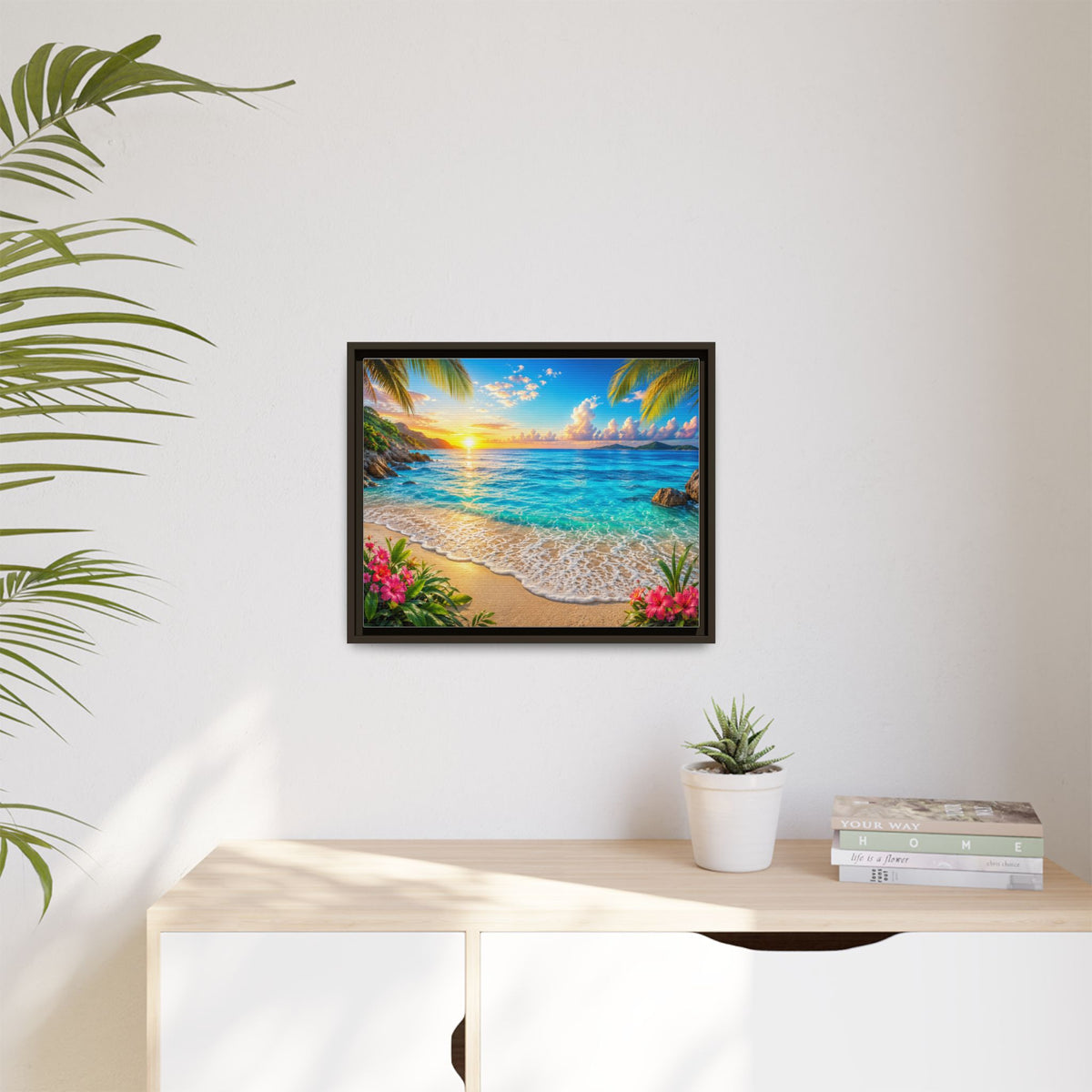 Framed Beach Sunset Matte Canvas Wall Art — Tropical Ocean Sunrise Decor
