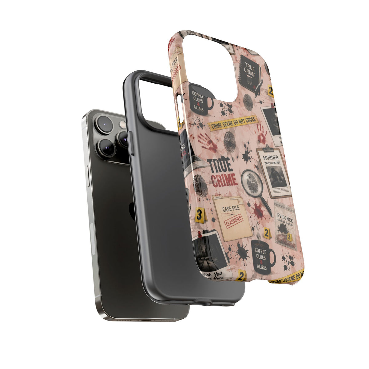 True Crime Pattern Phone Case – Detective Evidence, Crime Scene Tape & 'True Crime' Design