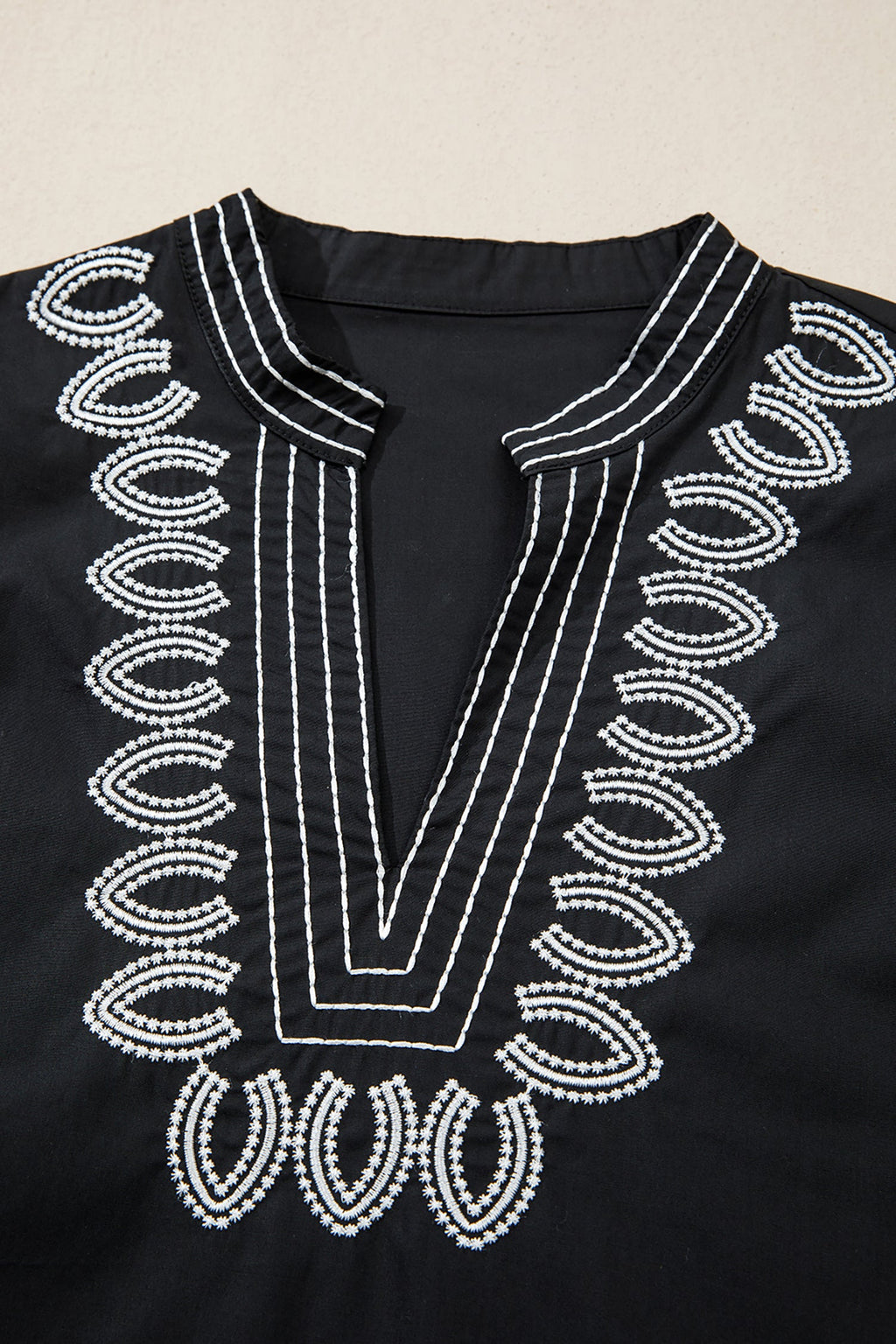 Embroidered V-Neck Short Puff Sleeve Blouse