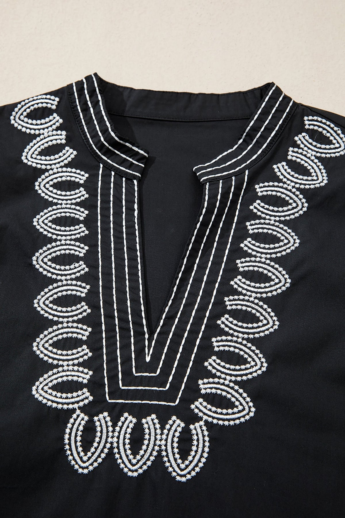 Embroidered V-Neck Short Puff Sleeve Blouse