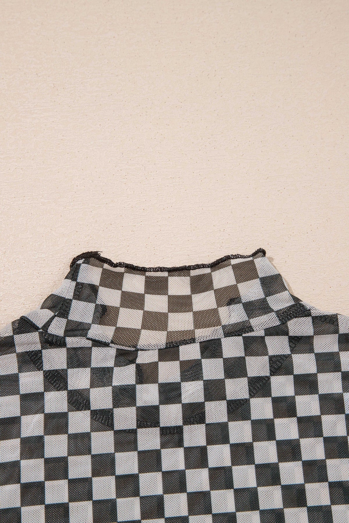 Checker Stand Neck Long Sleeve Mesh Top