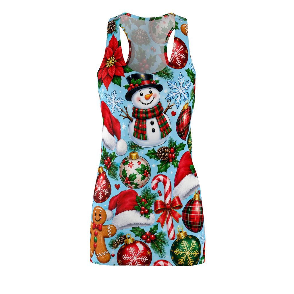 Christmas Racerback Dress — All-Over Snowman & Ornaments Print