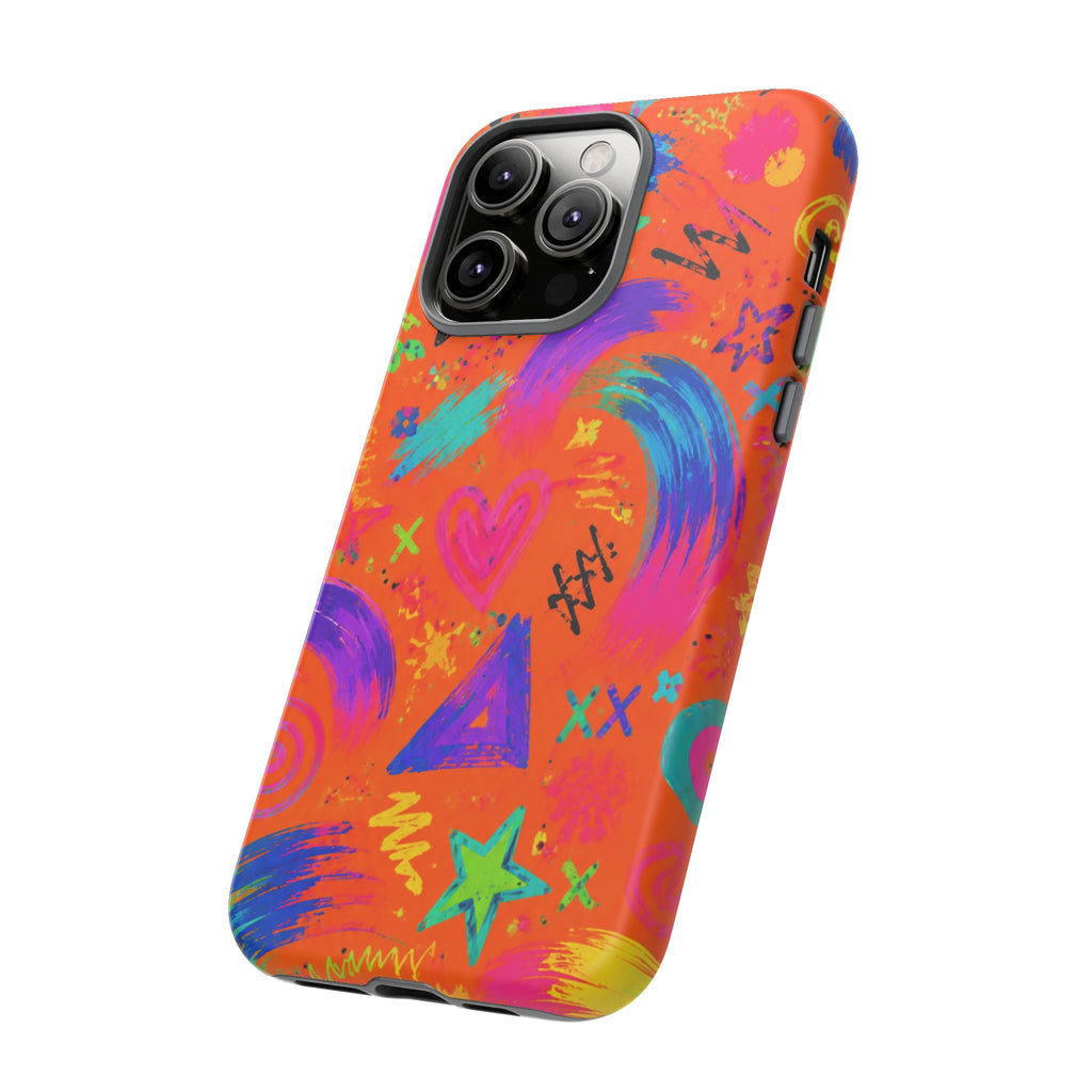 Colorful Neon Doodle Phone Case — Bright Abstract Stars & Hearts Tough Case