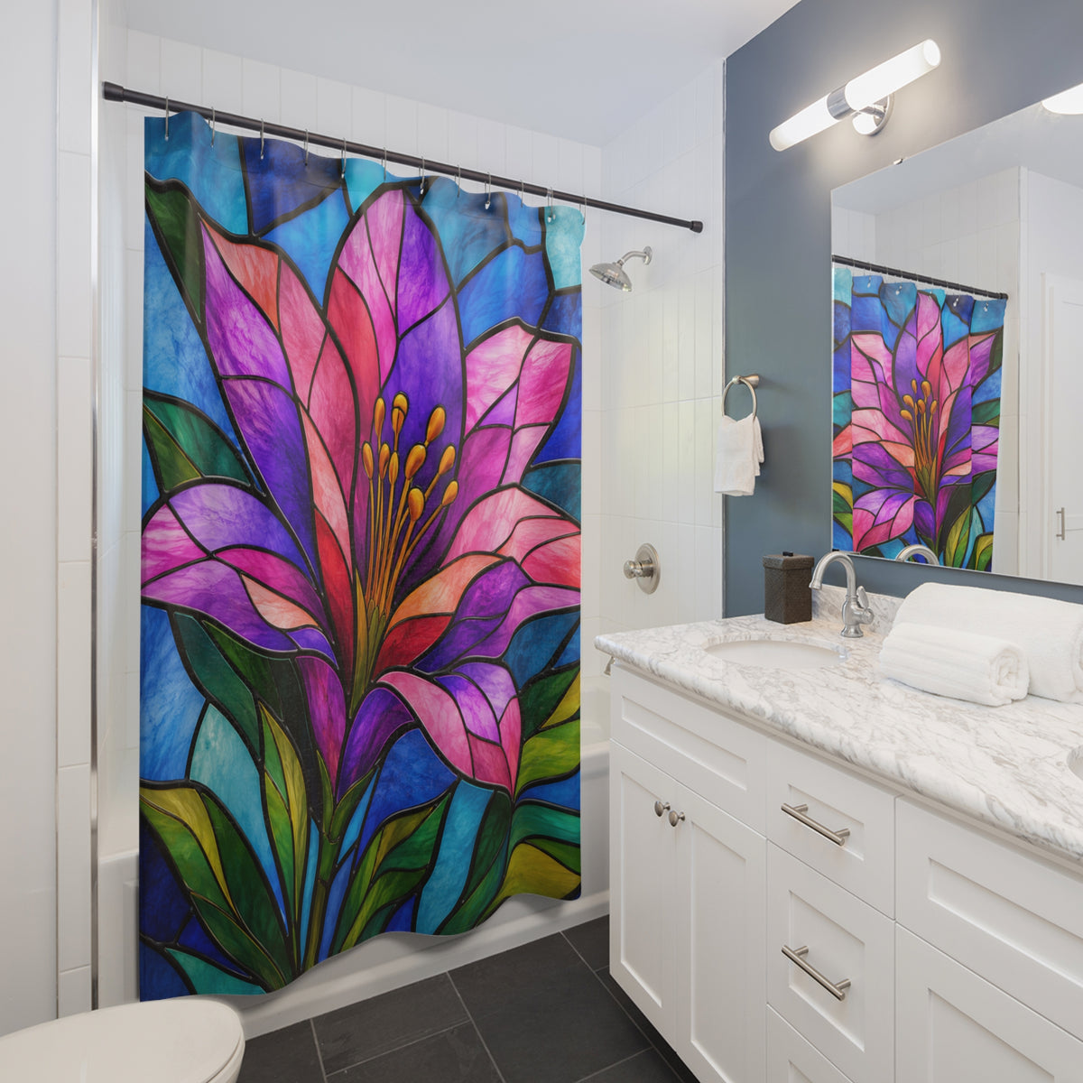 Stained Glass Floral Shower Curtain – Vibrant Purple & Blue Lily Bathroom Decor