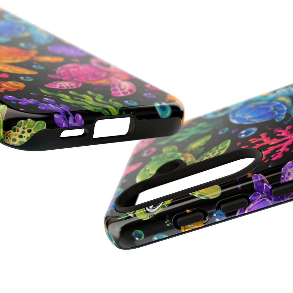 Phone Case — Colorful Cute Sea Turtles on Black (Protective Smartphone Cover)
