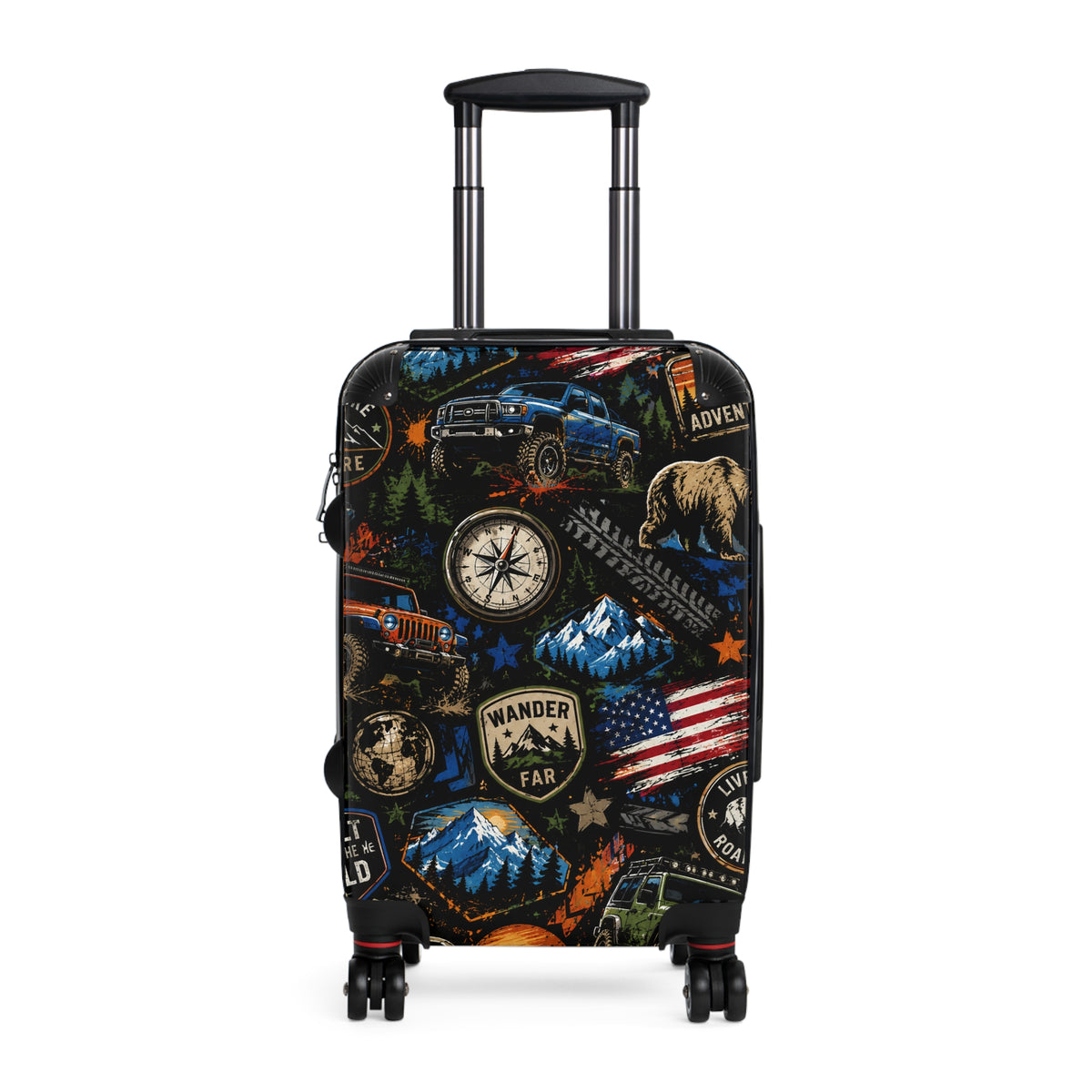 Adventure Patch Carry-On Suitcase – Wander Far Travel Luggage with Mountain, Compass & Bear Design