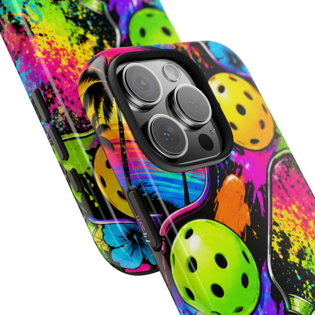 Pickleball Splash Tough Phone Case — Neon Paddle & Ball Protective Cover
