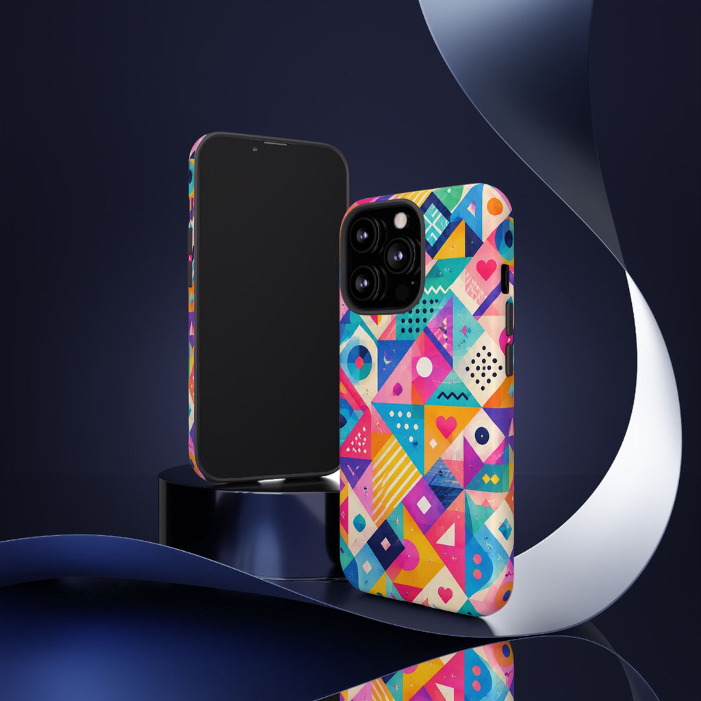 Colorful Geometric Tough Phone Case — Bright Abstract Heart & Triangle Pattern