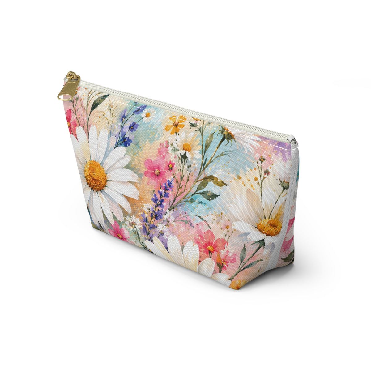Daisy Meadow Accessory Pouch — Floral Cosmetic T‑Bottom Bag