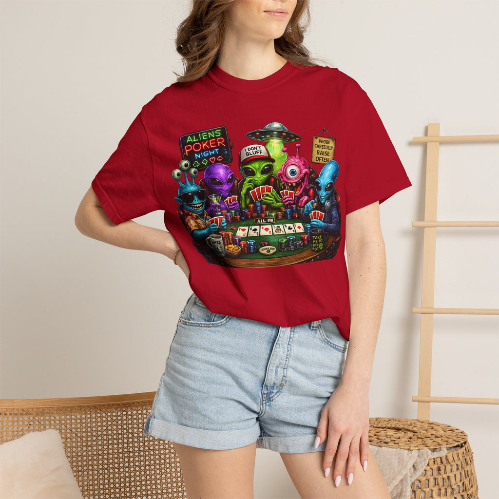 Aliens Poker Night T-shirt | Funny UFO Casino Card Game Design