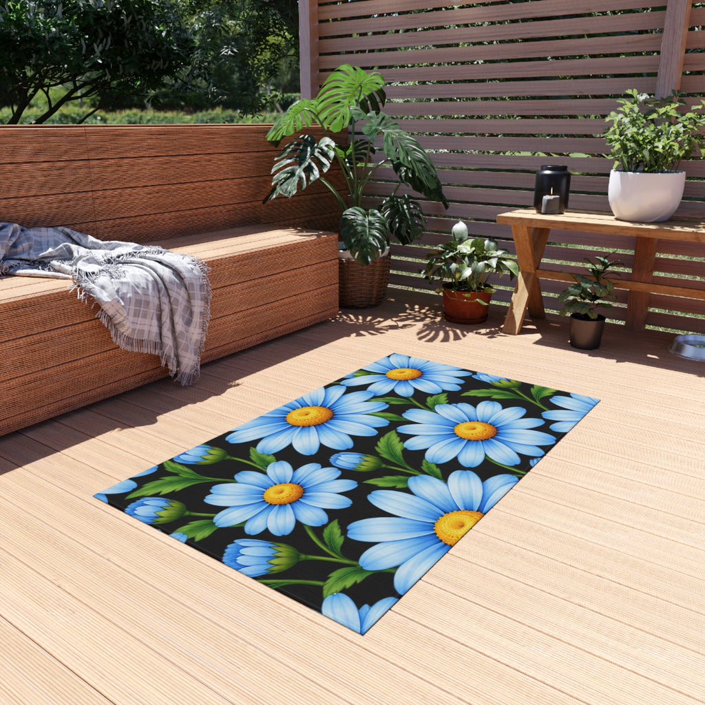 Blue Daisy Outdoor Rug — Cheerful Floral Patio Mat