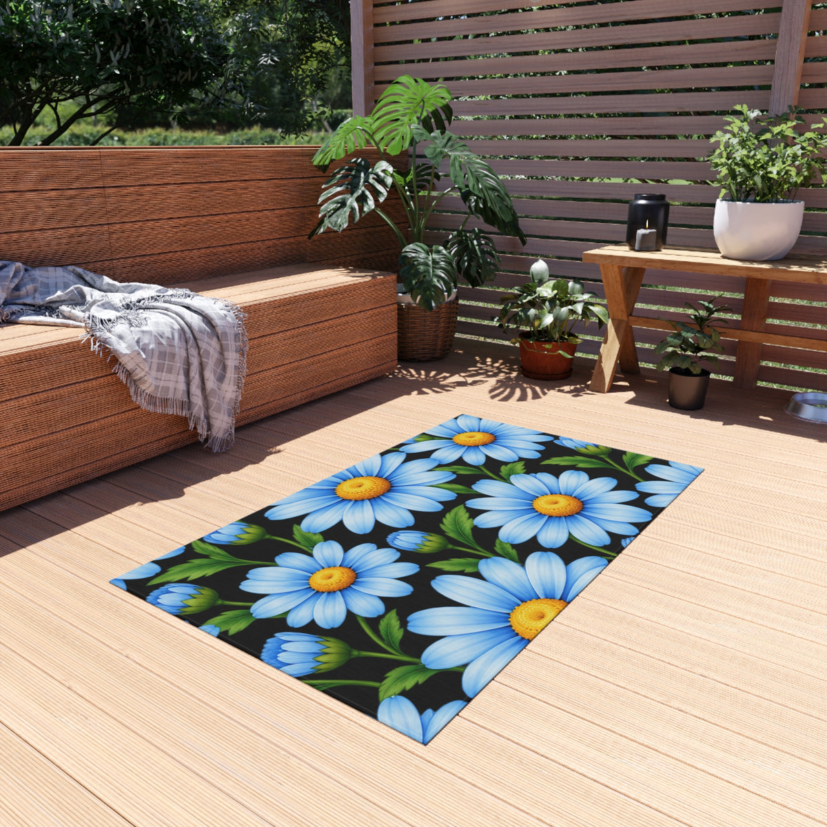 Blue Daisy Outdoor Rug — Cheerful Floral Patio Mat