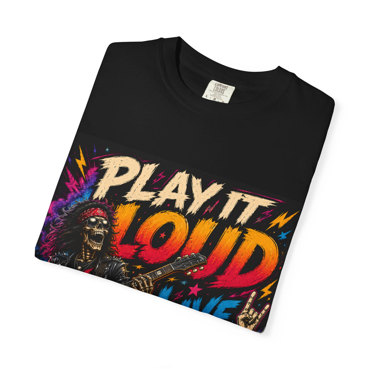 Play It Loud Live Free T-shirt | Rock Guitar Skeleton Design