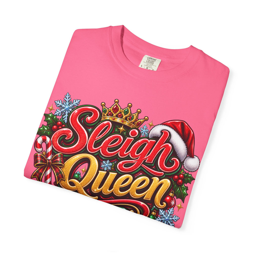 Sleigh Queen T-Shirt — Festive Christmas Holiday Tee with Santa Hat & Candy Cane Design