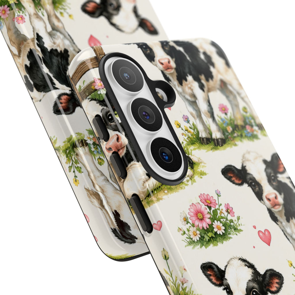 Cute Calf Pattern Phone Case – Pastel Cow Hearts & Flowers Protective Cover