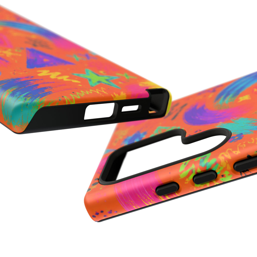 Colorful Neon Doodle Phone Case — Bright Abstract Stars & Hearts Tough Case