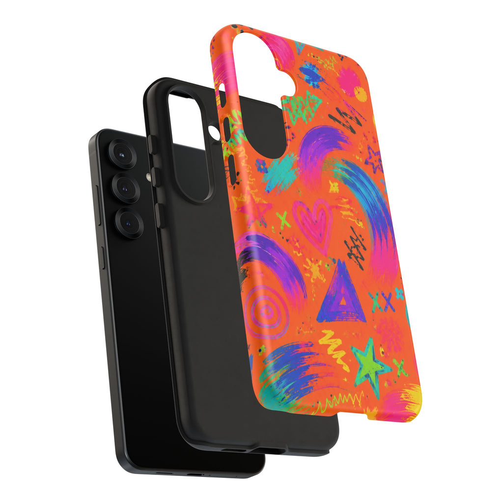 Colorful Neon Doodle Phone Case — Bright Abstract Stars & Hearts Tough Case