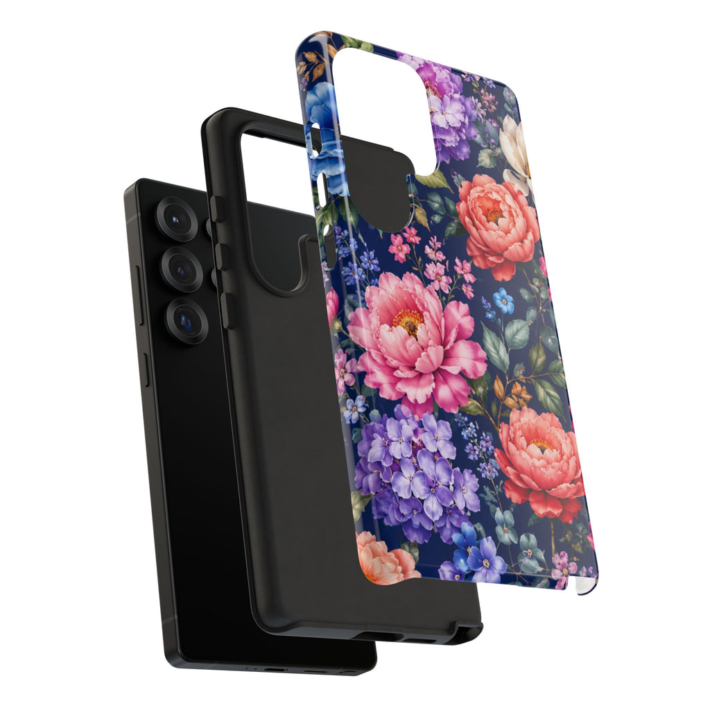 Floral Tough Phone Case – Vibrant Garden Flowers on Navy