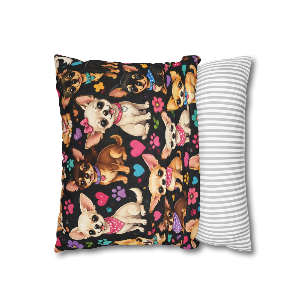 Chihuahua Pattern Pillowcase | Square Throw Pillowcase with Cute Dogs and Paw Prints
