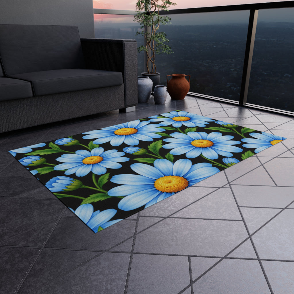 Blue Daisy Outdoor Rug — Cheerful Floral Patio Mat