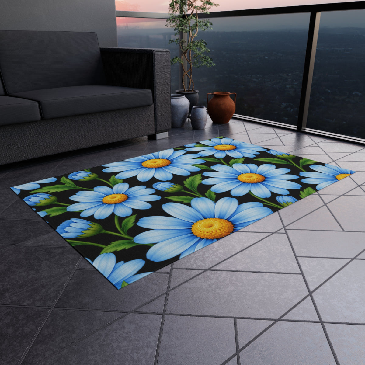 Blue Daisy Outdoor Rug — Cheerful Floral Patio Mat