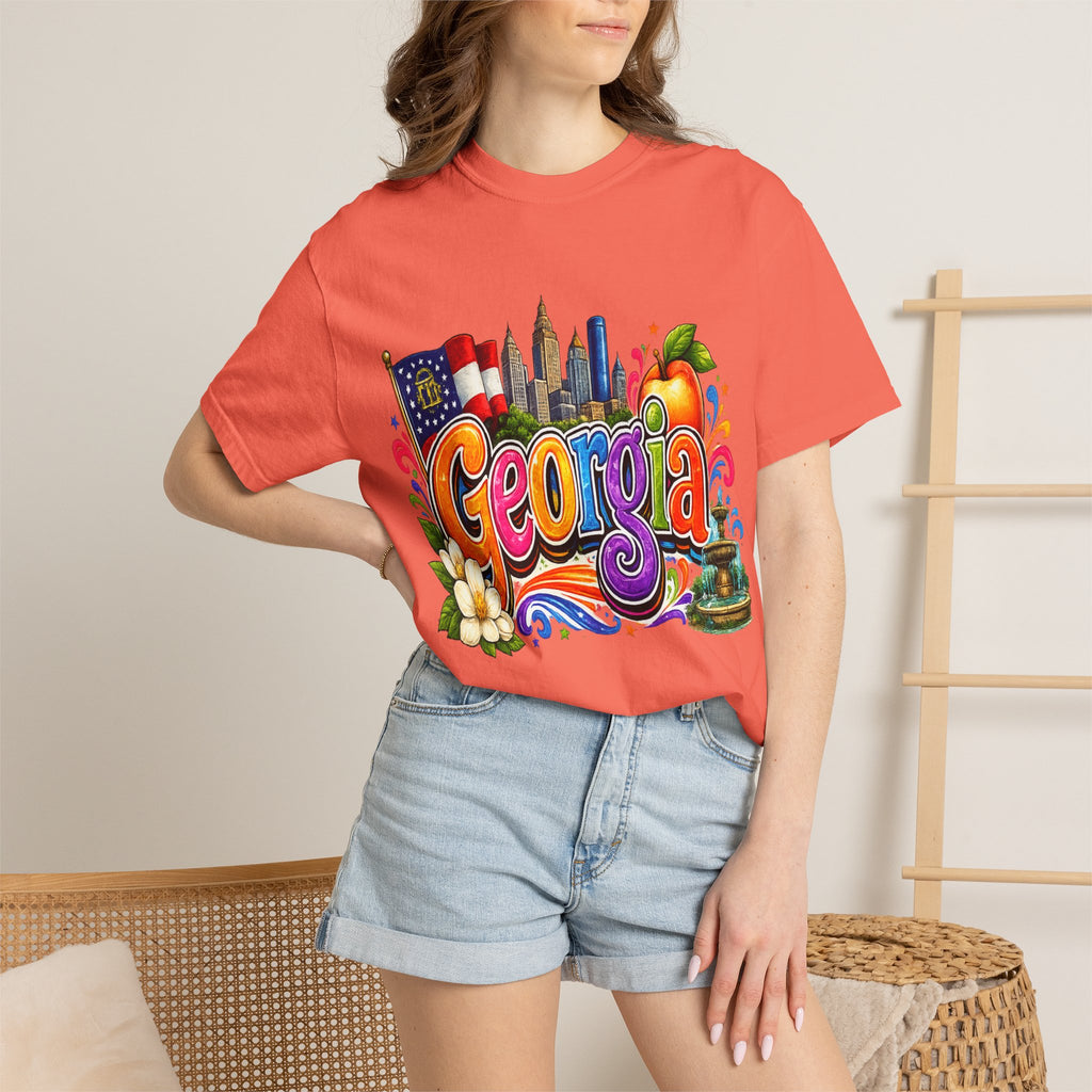 Georgia state illustration T-shirt | Atlanta skyline, peach, magnolia