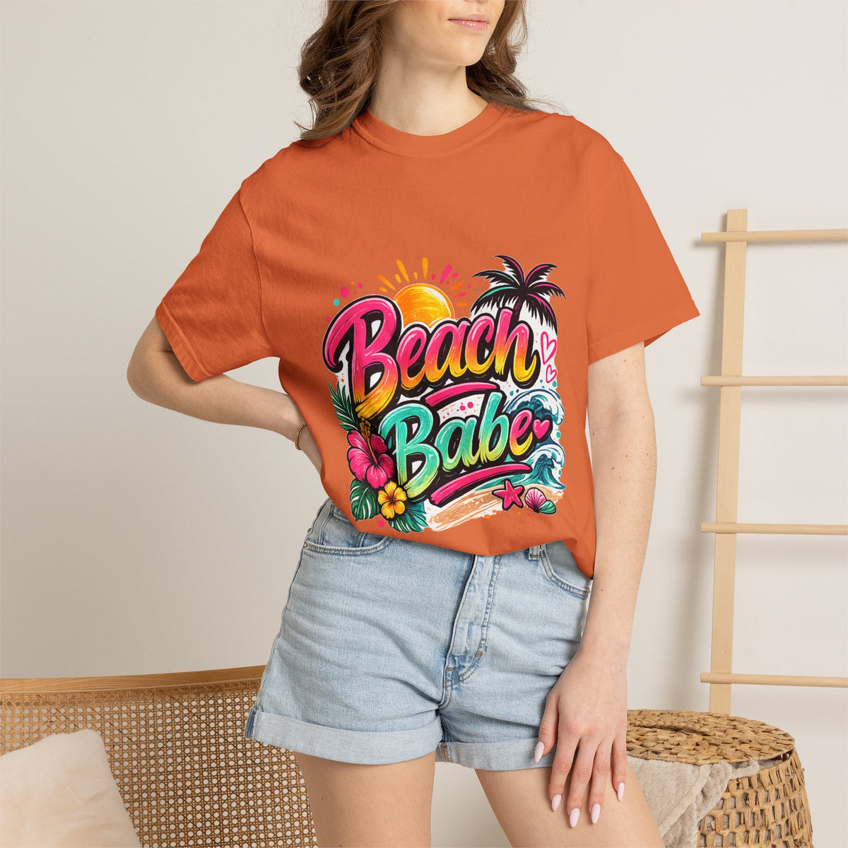 Beach Babe T-shirt | Tropical Palm Hibiscus Sunset Design