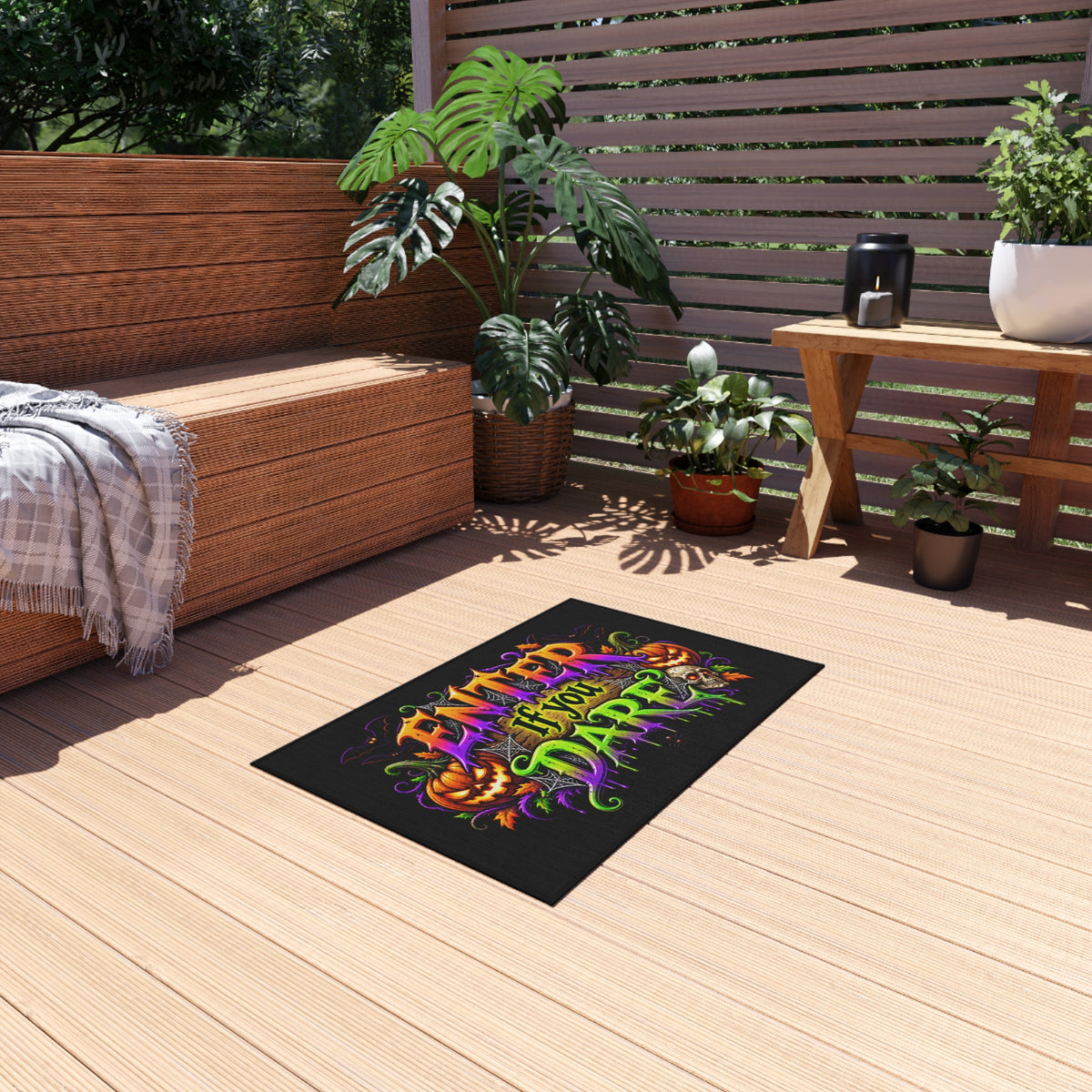Outdoor Rug — "Enter If You Dare" Halloween Doormat with Pumpkins & Skull