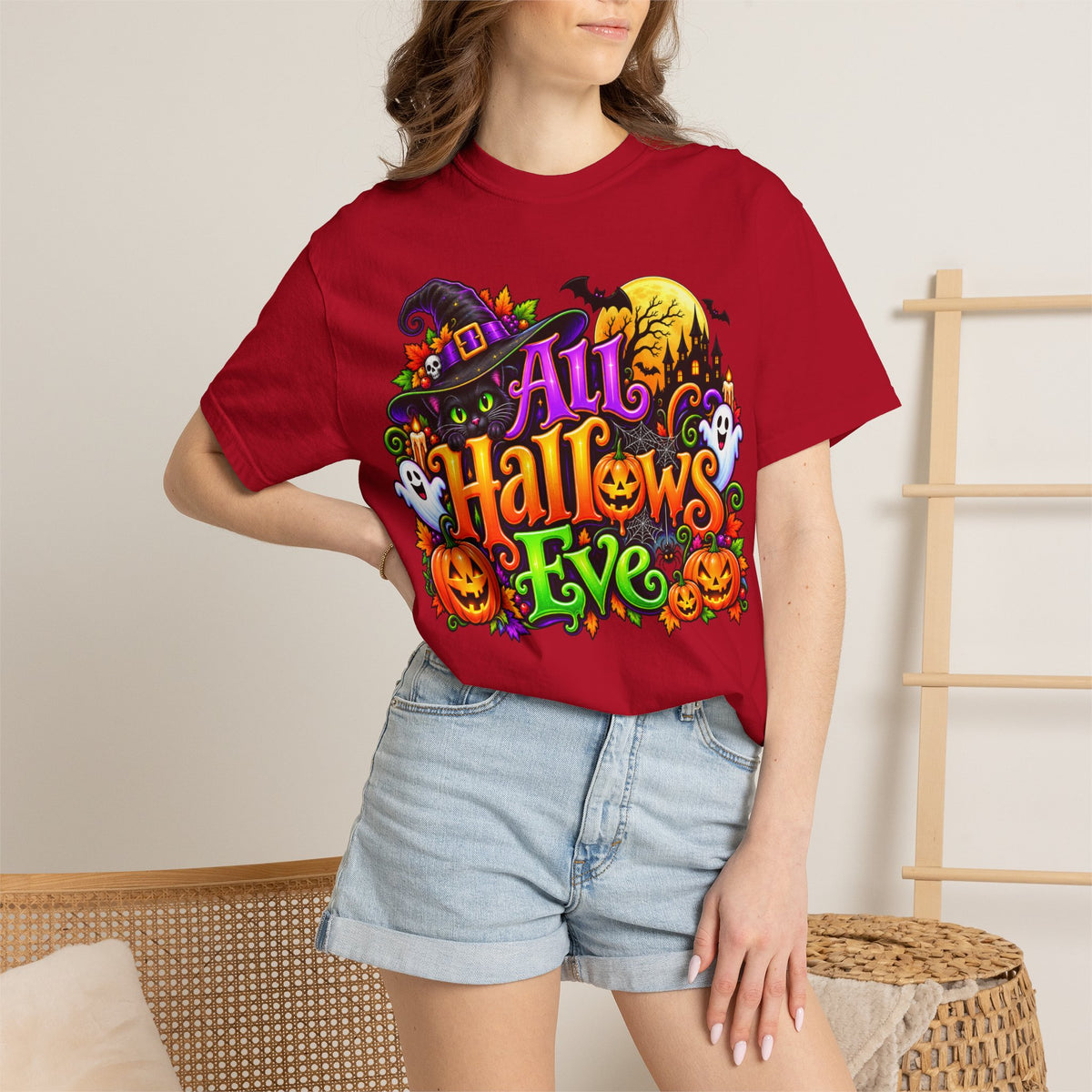 All Hallows Eve Halloween T-Shirt — Colorful Witch, Pumpkins & Ghosts Design