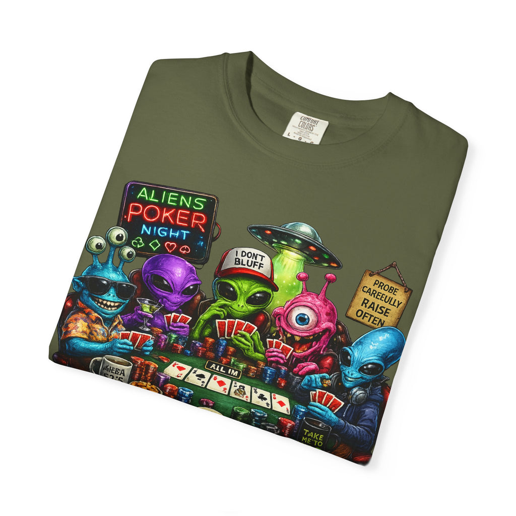 Aliens Poker Night T-shirt | Funny UFO Casino Card Game Design