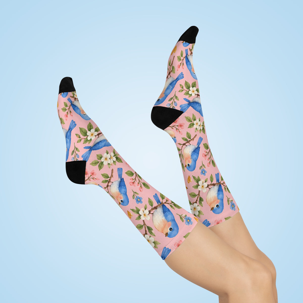 Bluebird Floral Crew Socks | Pink Bird Pattern, Spring Nature Socks