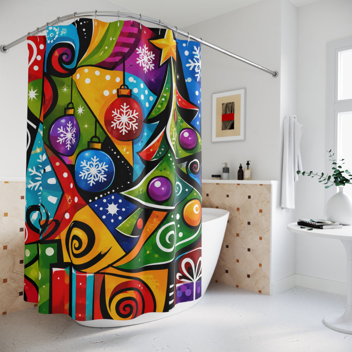 Colorful Pop Art Christmas Shower Curtain — Festive Tree, Ornaments & Gifts