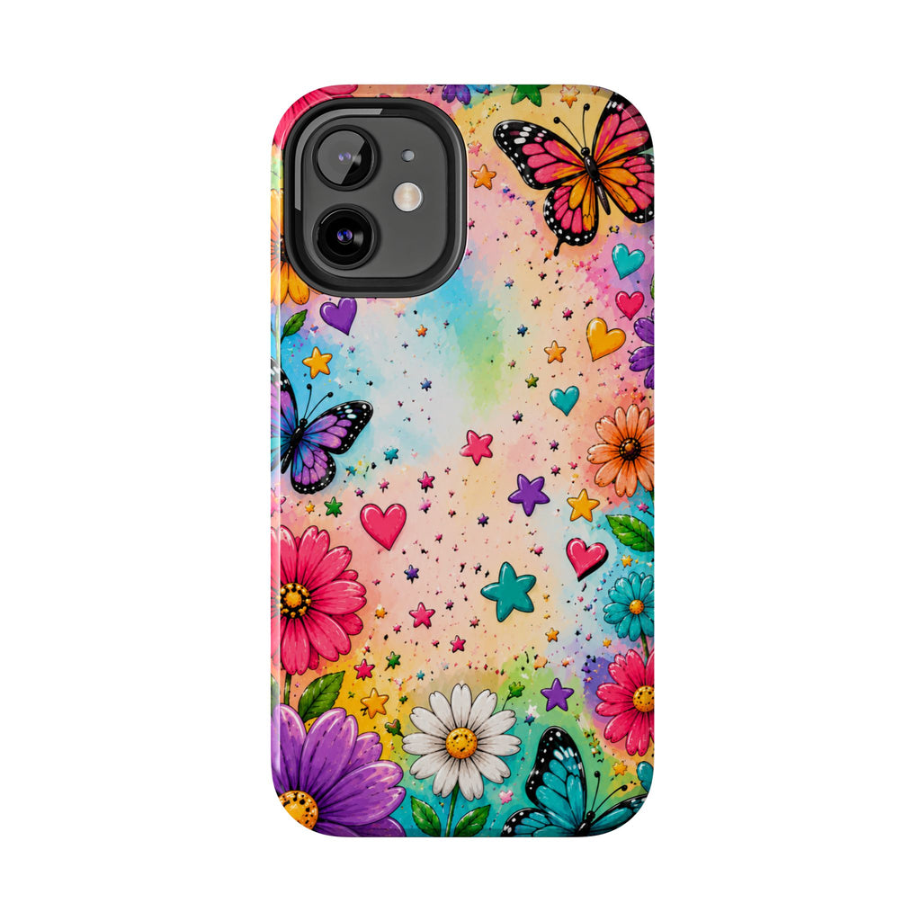Colorful Butterflies and Flowers Tough Phone Case | Rainbow Hearts Stars