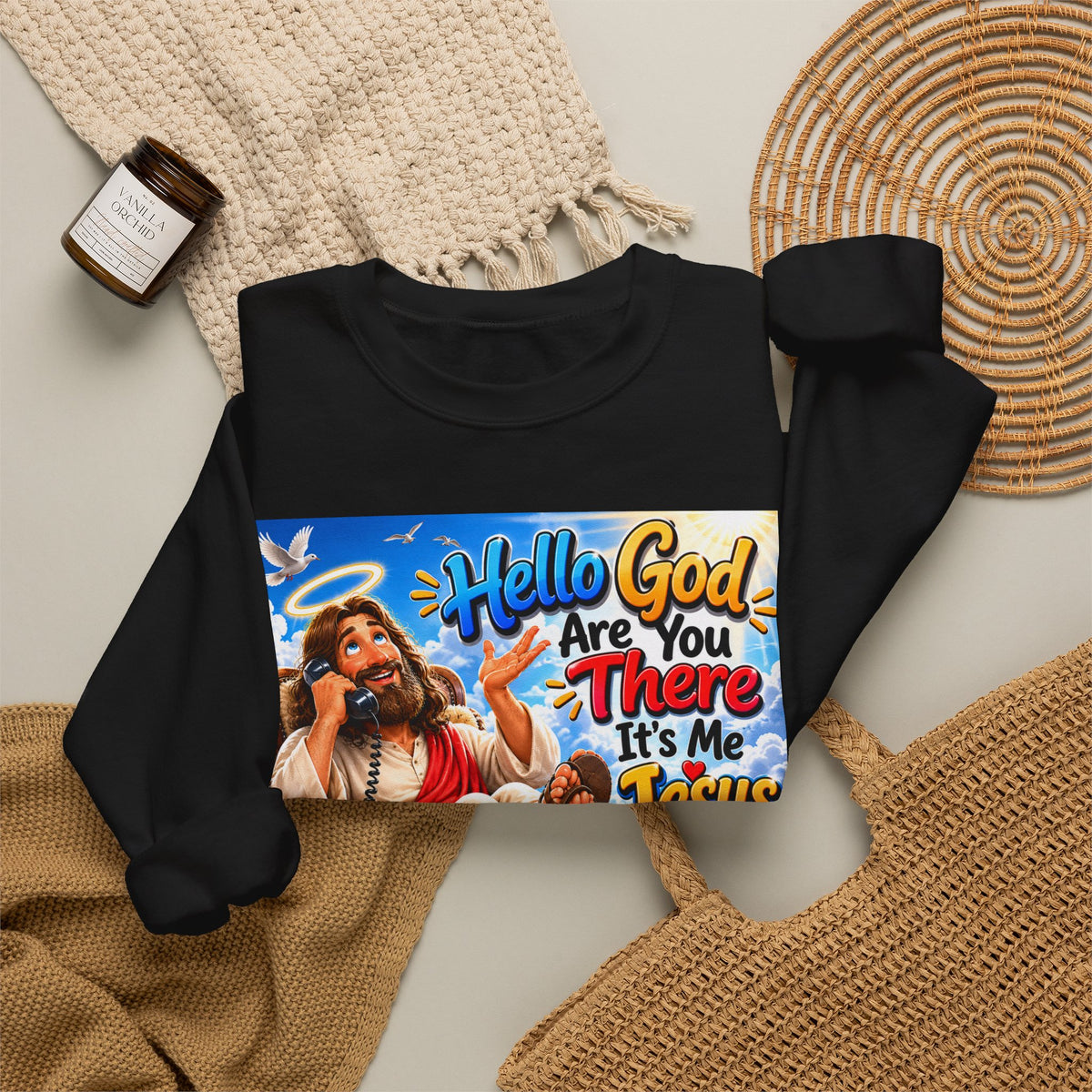 Crewneck Sweatshirt — "Hello God Are You There It’s Me Jesus" Retro Christian Graphic