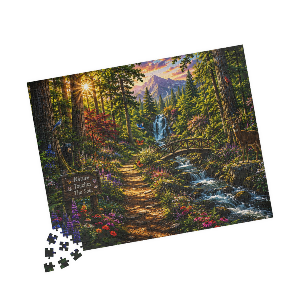 Scenic Forest Waterfall Jigsaw Puzzle — "Nature Touches the Soul" (110–1014 pcs)