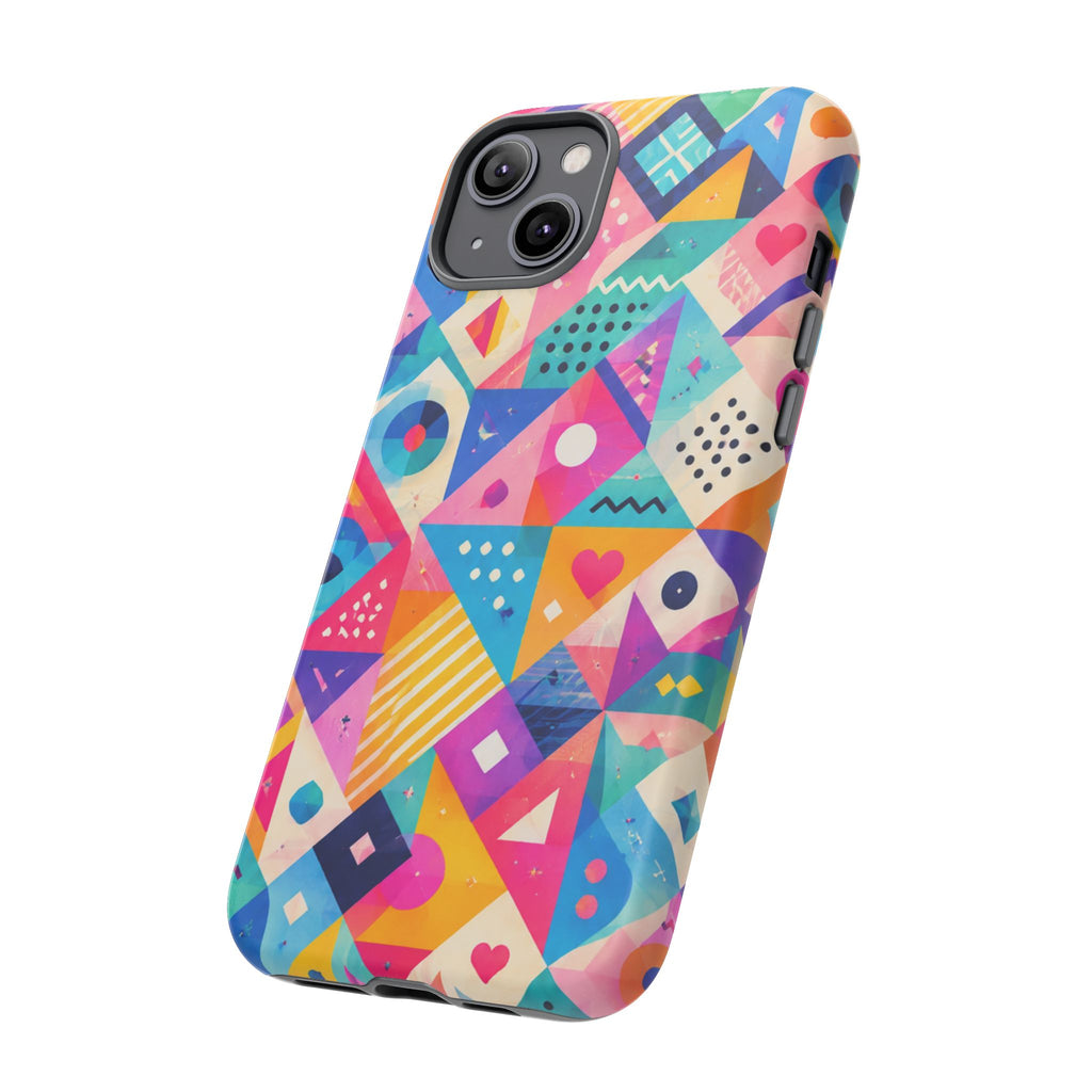 Colorful Geometric Tough Phone Case — Bright Abstract Heart & Triangle Pattern