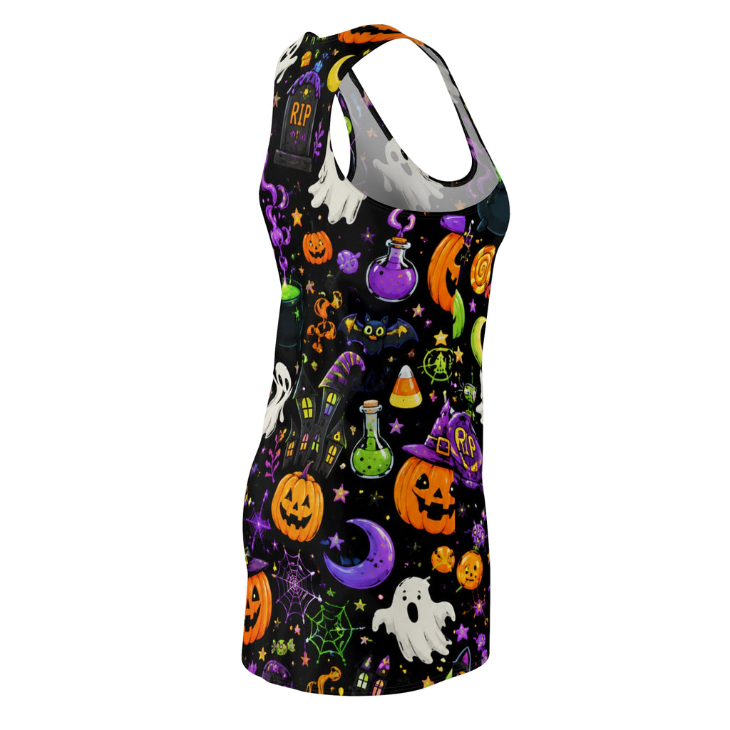 Halloween Allover Print Racerback Dress — Ghosts, Pumpkins & Spooky Night Pattern