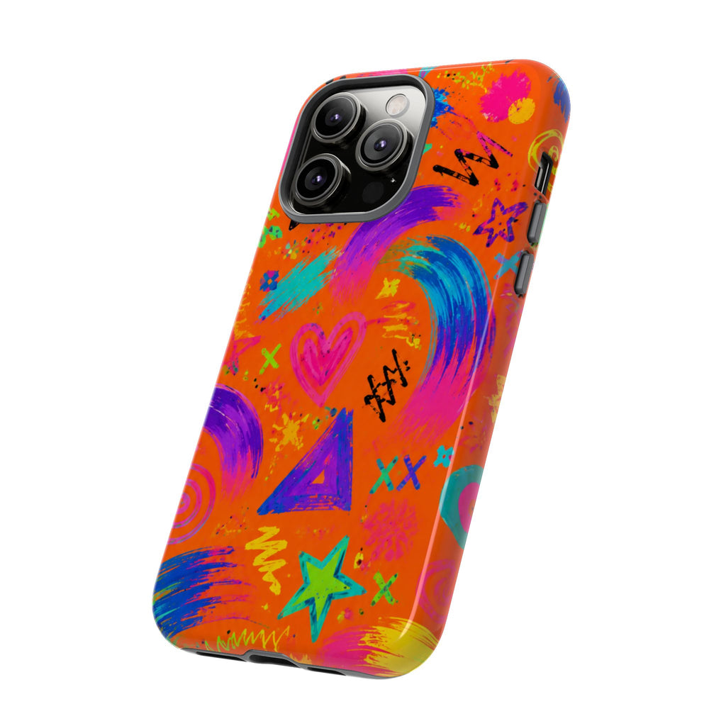 Colorful Neon Doodle Phone Case — Bright Abstract Stars & Hearts Tough Case