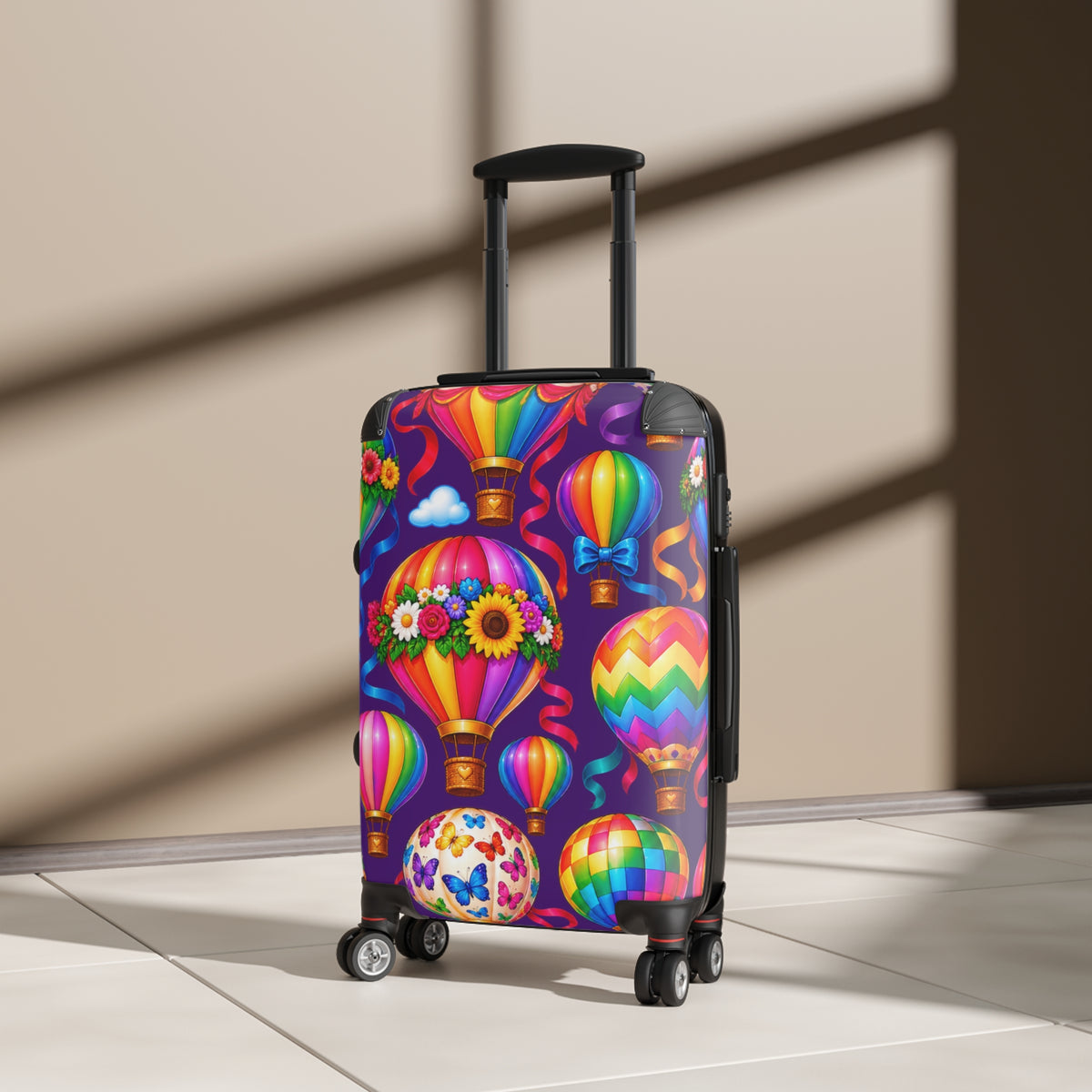Hot Air Balloon Suitcase Cover — Colorful Travel Luggage Protector with Floral & Rainbow Balloons
