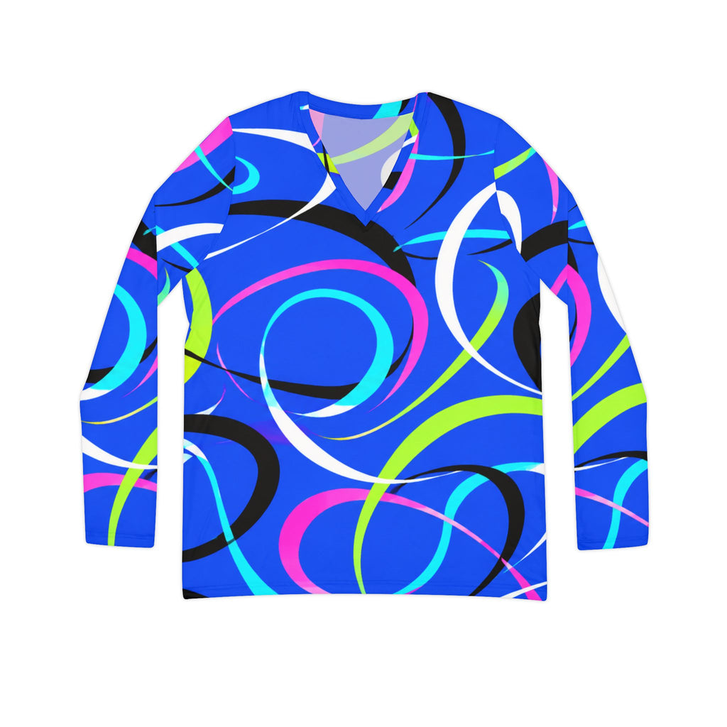 Women's V-Neck Long Sleeve Shirt – Retro Neon Swirl All-Over Print