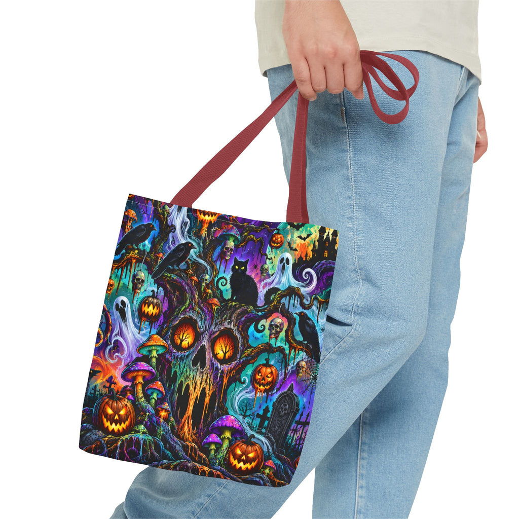 Halloween Haunted Pumpkin Tote Bag — Spooky Cat & Ghosts All-Over Print