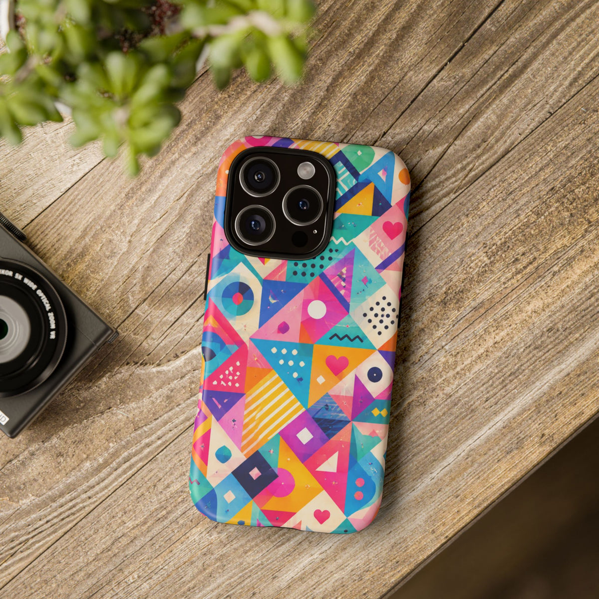 Colorful Geometric Tough Phone Case — Bright Abstract Heart & Triangle Pattern