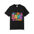 Retro Floral "Love" Design T-shirt | Colorful 70s Heart Typography