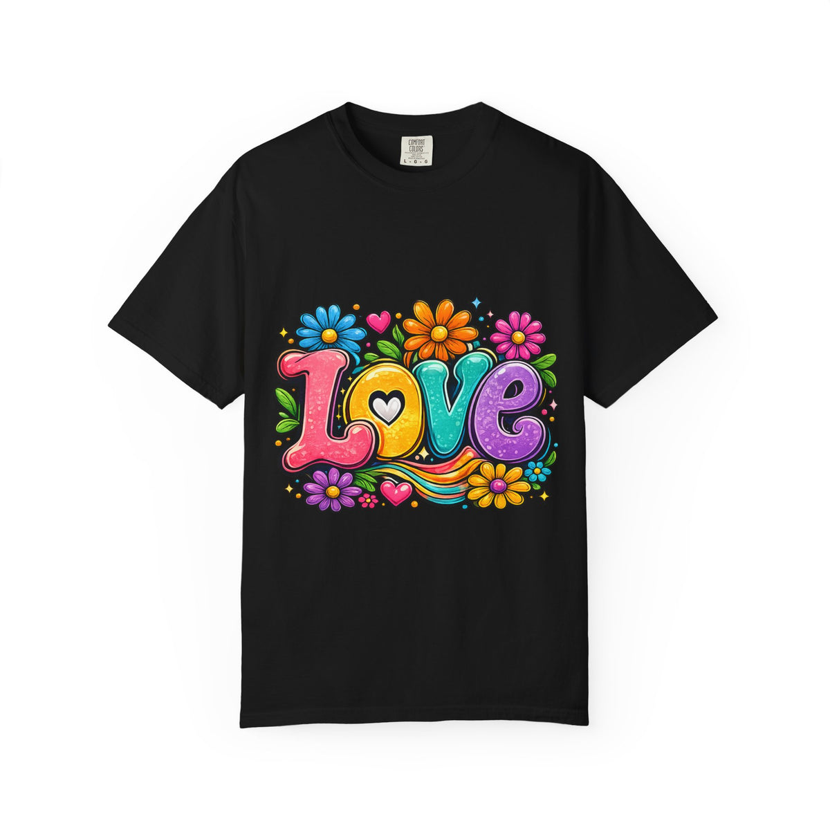 Retro Floral "Love" Design T-shirt | Colorful 70s Heart Typography