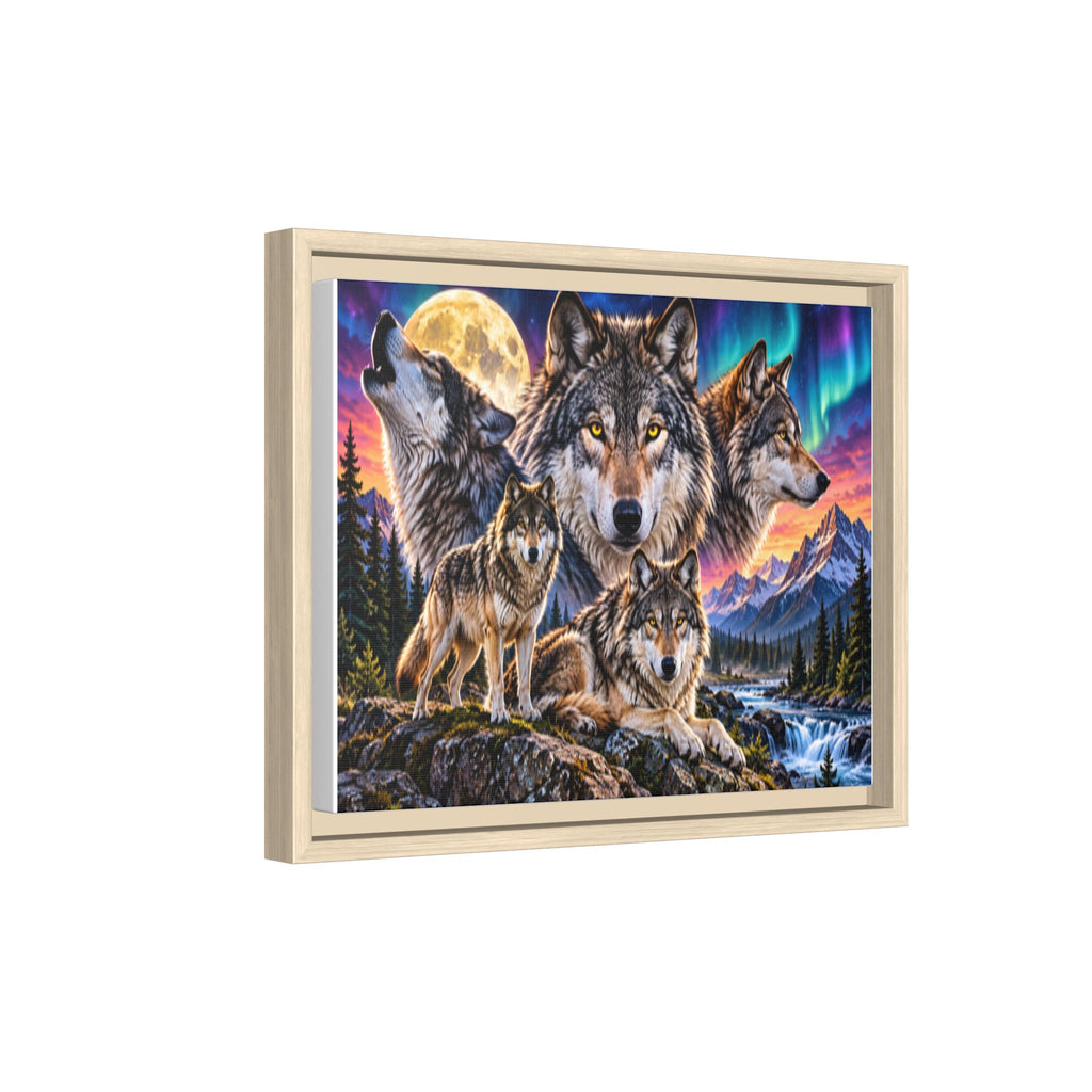 Framed Wolf Pack Matte Canvas Wall Art — Northern Lights Wilderness Scene